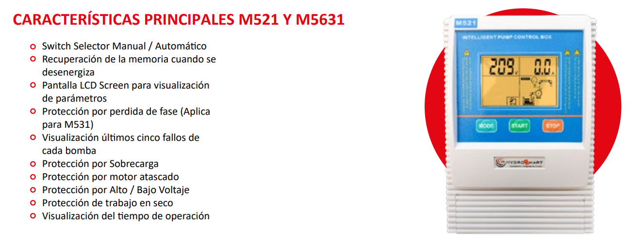 Controlador Inteligente para una Bomba Monofásico Serie M521, Hydrosmart