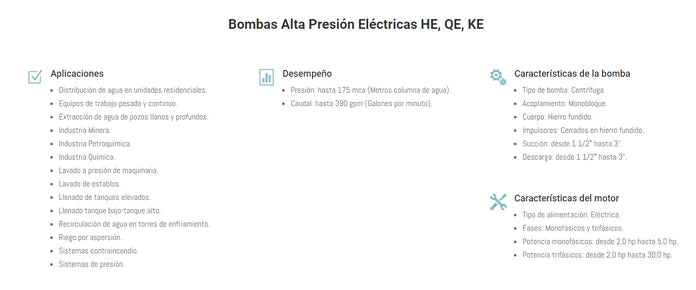 Bomba de Agua Barnes Centrifuga Alta Presion, 7.5 A 25 Hp, SxD 3", Serie HE