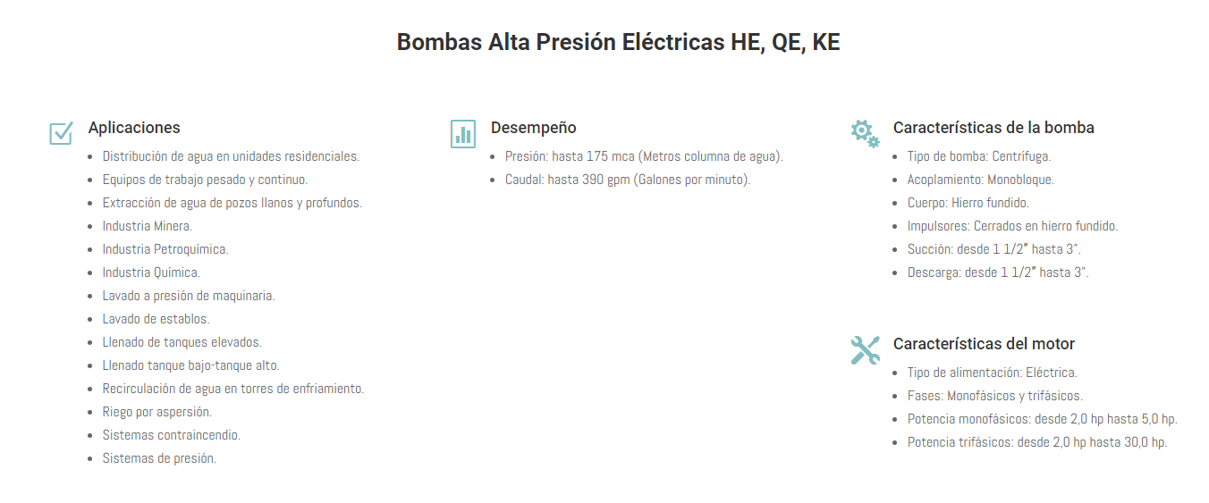 Bomba de Agua Barnes Centrifuga Alta Presion,  2 a 10 Hp, SxD 1.1/2", Serie HE.