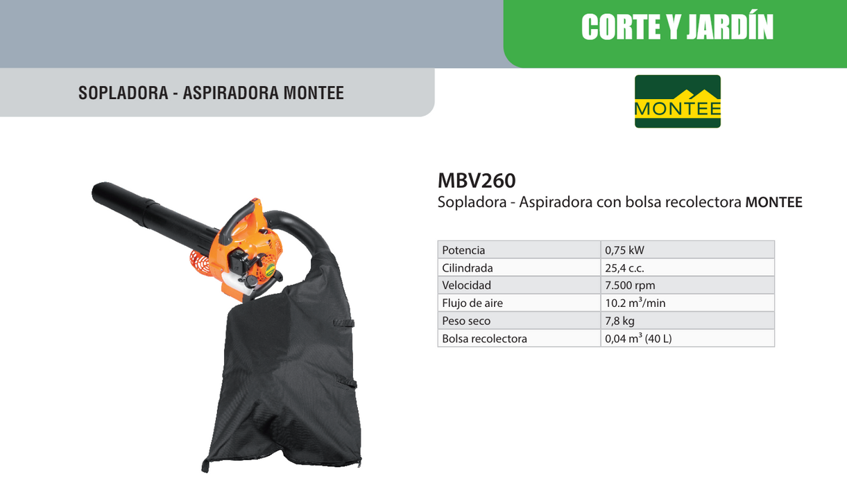 Sopladora - Aspiradora con bolsa recolectora, Marca Montee