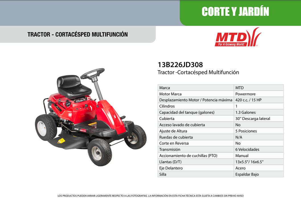 Tractor Cortacésped Multifunción a Gasolina de 15 Hp, MTD