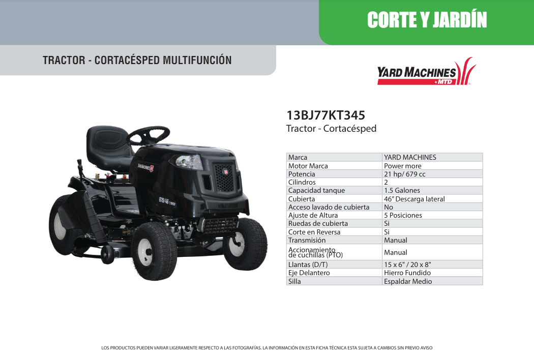 Tractor Cortacésped Multifunción a Gasolina de 21 Hp, MTD