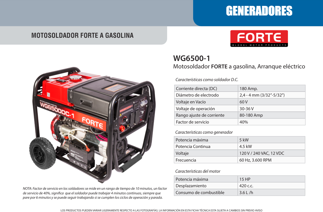 Motosoldador FORTE a Gasolina, Arranque Electrico