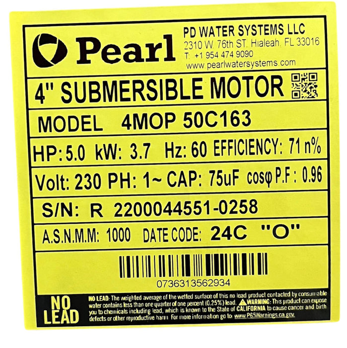 Motor Sumergible 4" Monofásico de 1 a 5 Hp , Pearl