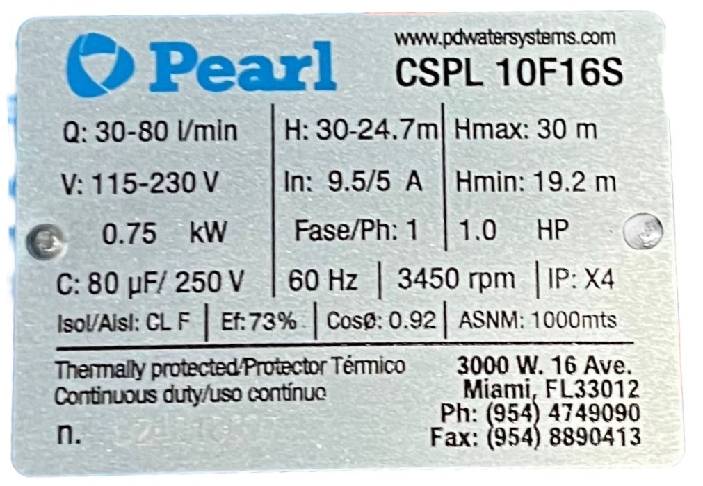 Bomba de Agua Centrifuga en Acero Inoxidable Serie CSPL de 1.0 a 3.0 Hp, Pearl