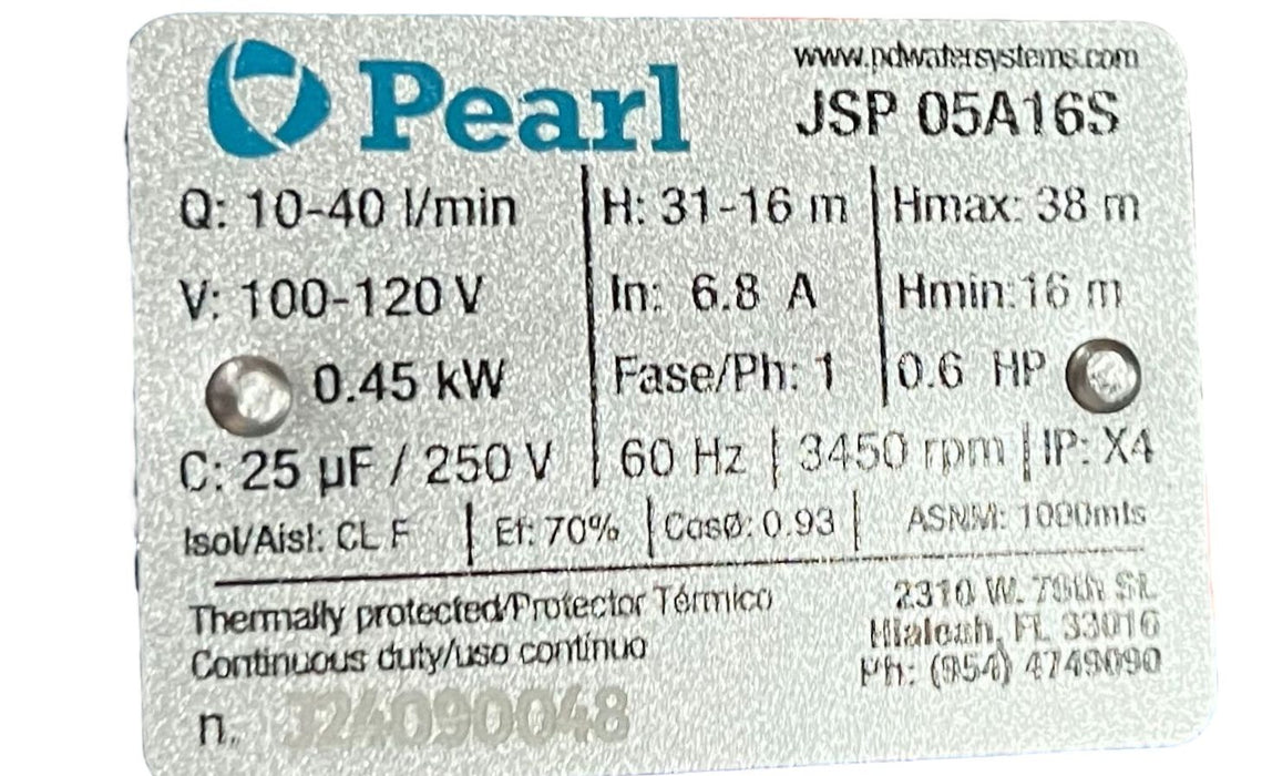 Bomba de Agua Jet Autocebante en Acero Inoxidable de 0.5 a 1 Hp, Pearl